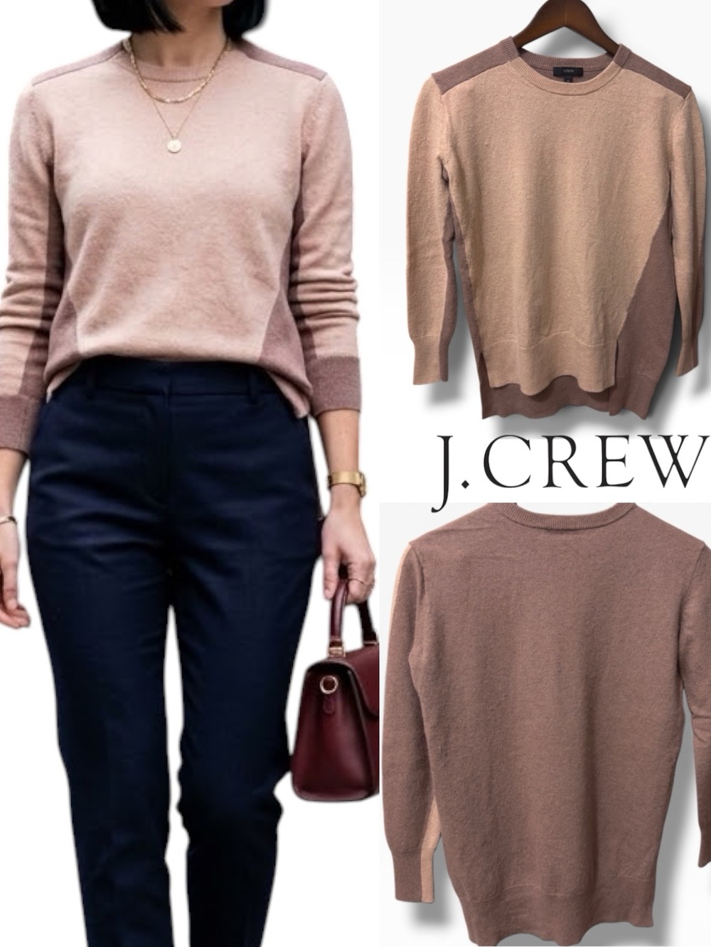 J. Crew | NWOT Wool Blend Blush Mauve Two-Tone Colorblock Crewneck Sweater (XS)